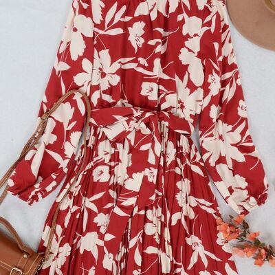 High Neck Floral Pleated Dress-Red