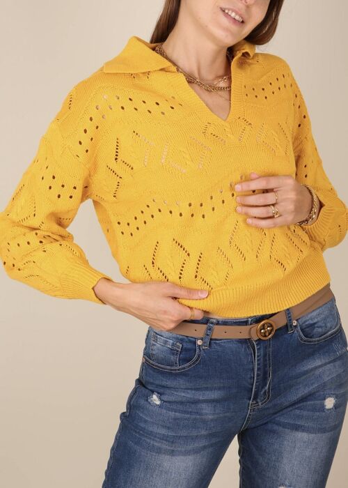 Solid Color Eyelet Knit Sweater-Yellow
