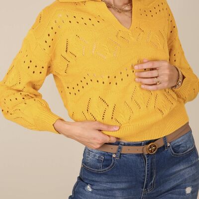 Solid Color Eyelet Knit Sweater-Yellow