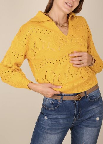 Pull en tricot à œillets de couleur unie-jaune 1