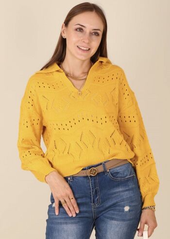Pull en tricot à œillets de couleur unie-jaune 2