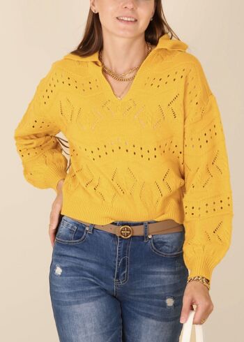 Pull en tricot à œillets de couleur unie-jaune 3