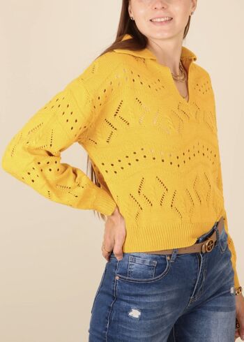 Pull en tricot à œillets de couleur unie-jaune 4