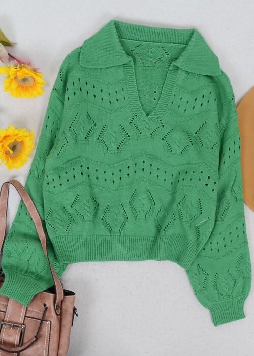 Solid Color Eyelet Knit Sweater-Green