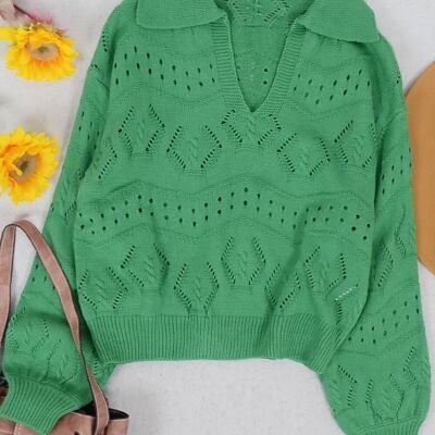 Pull en tricot à œillets de couleur unie-Vert