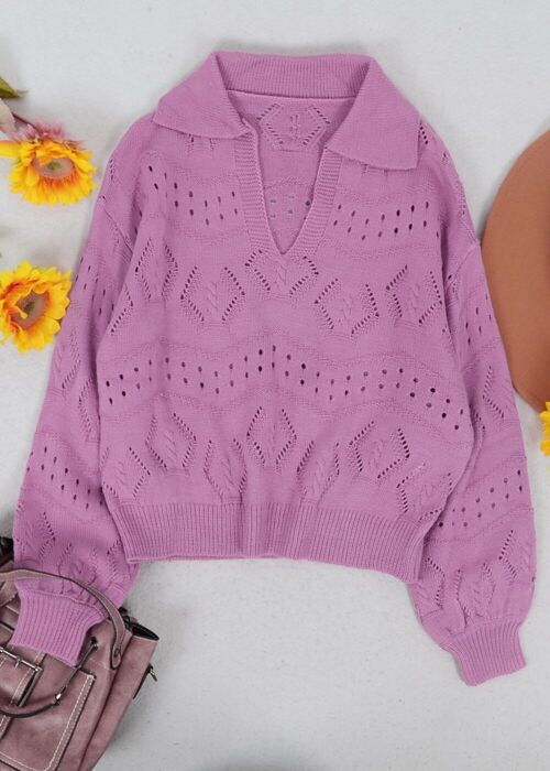 Solid Color Eyelet Knit Sweater-Purple