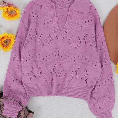 Solid Color Eyelet Knit Sweater-Purple