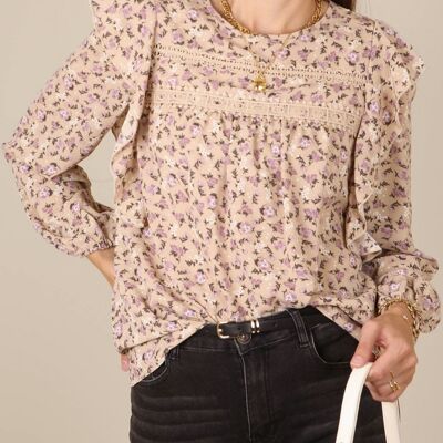 Ruffle Shoulder Crochet Detail Floral Blouse-Beige