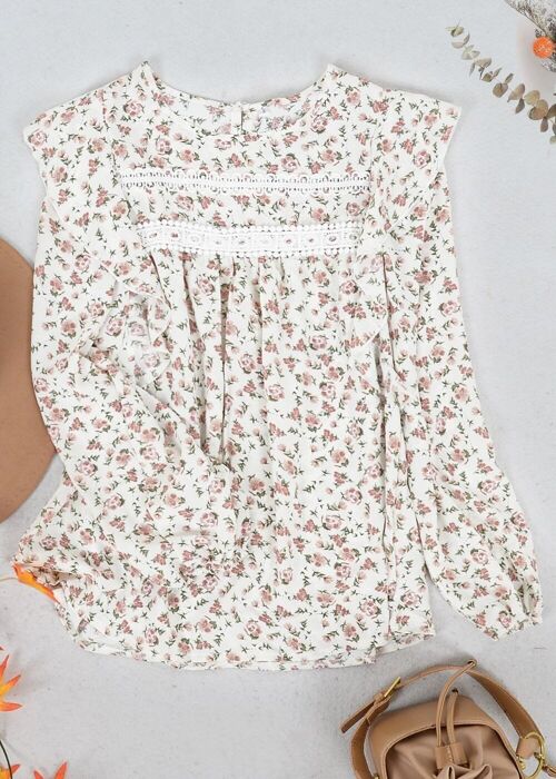Ruffle Shoulder Crochet Detail Floral Blouse-White