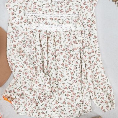 Ruffle Shoulder Crochet Detail Floral Blouse-White