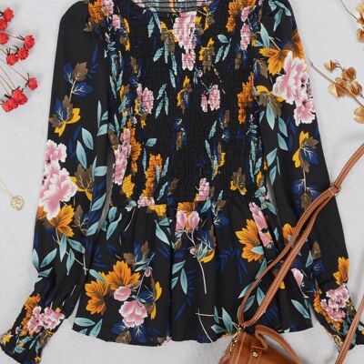 Blusa peplum con estampado floral fruncido-Negro