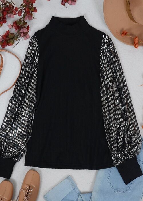 Contrast Sequin Sleeve Sweater-Black