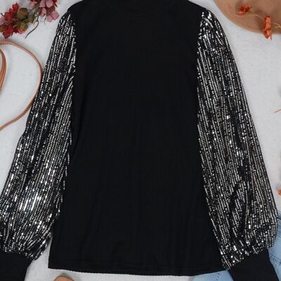 Pullover mit kontrastierenden Paillettenärmeln – Schwarz