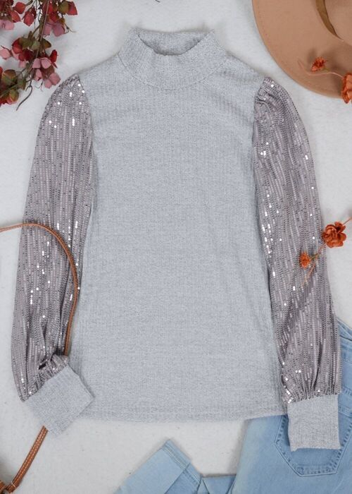 Contrast Sequin Sleeve Sweater-Gray