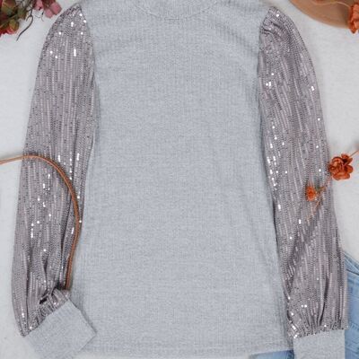Contrast Sequin Sleeve Sweater-Gray