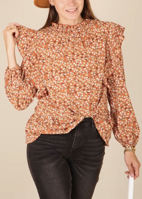 All-Over Ruffle Detail Floral Print Blouse-Orange