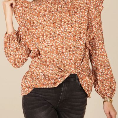 All-Over Ruffle Detail Floral Print Blouse-Orange