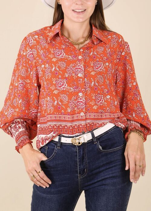 Oriental Floral Collared Shirt-Red
