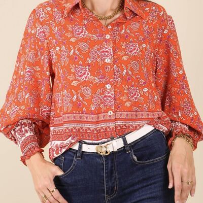 Oriental Floral Collared Shirt-Red