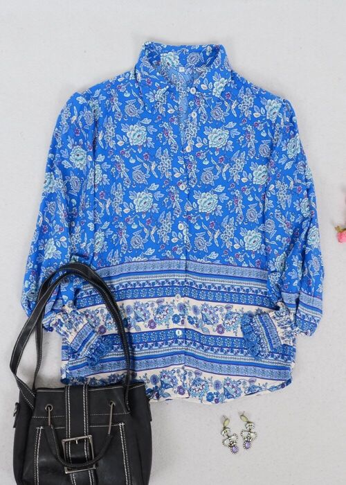 Oriental Floral Collared Shirt-Blue