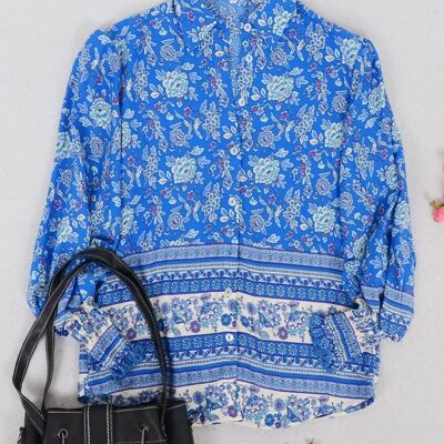 Chemise à col fleuri oriental-bleu