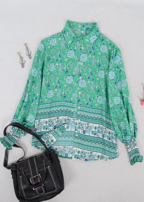 Oriental Floral Collared Shirt-Green