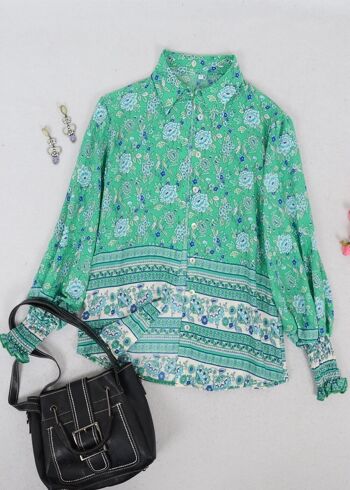 Chemise à col floral oriental-Vert