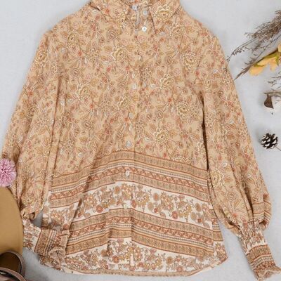 Oriental Floral Collared Shirt-Beige