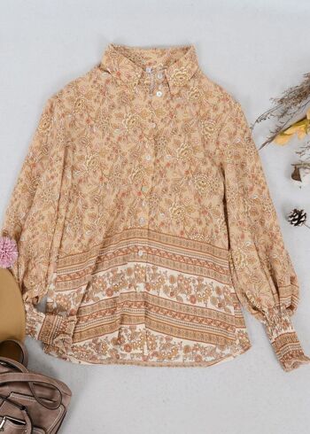 Chemise à col floral oriental-Beige