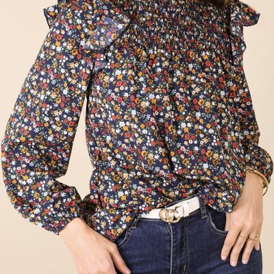 Blusa de manga larga con cuello fruncido y volantes-Azul marino