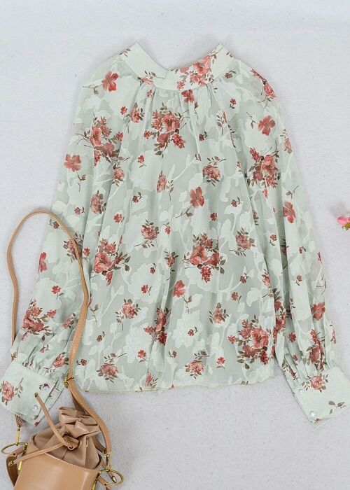 Multi-Floral Pattern Bishop Sleeve Blouse-Green