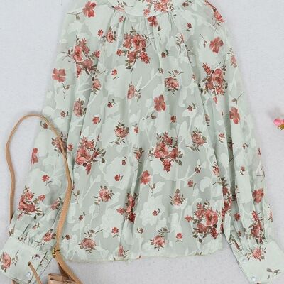 Multi-Floral Pattern Bishop Sleeve Blouse-Green