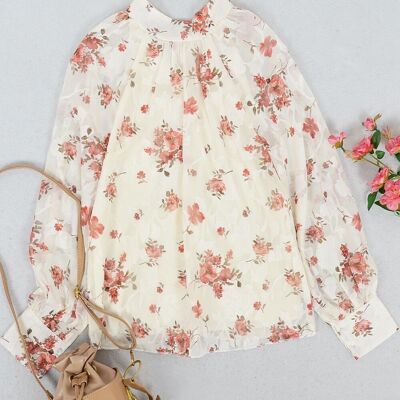 Multi-Floral Pattern Bishop Sleeve Blouse-Beige