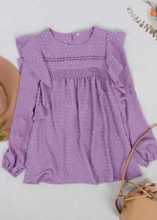 Ruffle Shoulder Crochet Detail Blouse-Purple