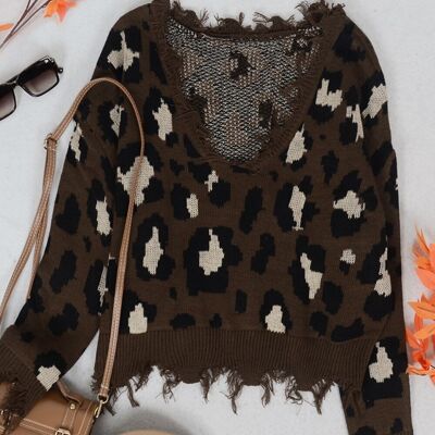 Tassel Frayed Hem Patterned Sweater-Brown