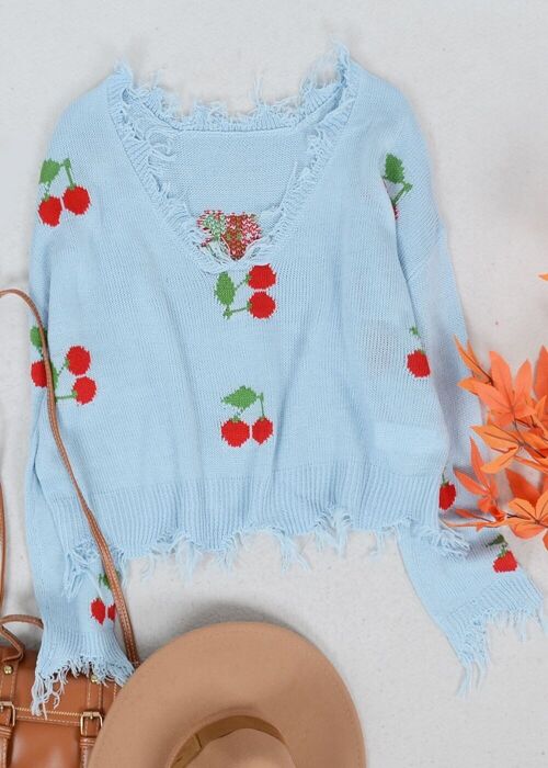 Tassel Frayed Hem Patterned Sweater-Blue