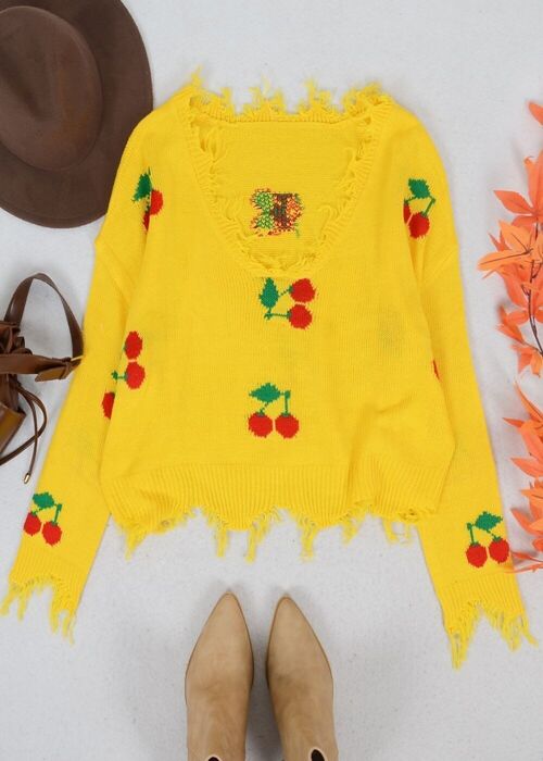 Tassel Frayed Hem Patterned Sweater-Yellow