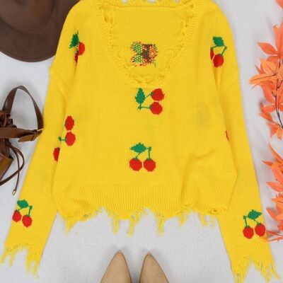 Tassel Frayed Hem Patterned Sweater-Yellow