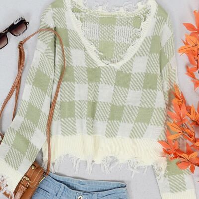 Tassel Frayed Hem Patterned Sweater-Green