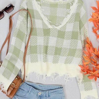 Tassel Frayed Hem Patterned Sweater-Green