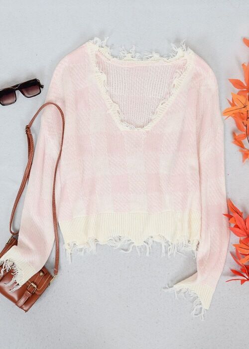 Tassel Frayed Hem Patterned Sweater-Pink