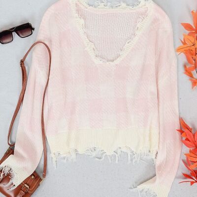 Tassel Frayed Hem Patterned Sweater-Pink