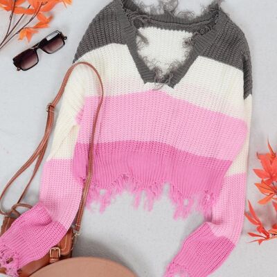 Tassel Frayed Hem Patterned Sweater-Mauve Pink