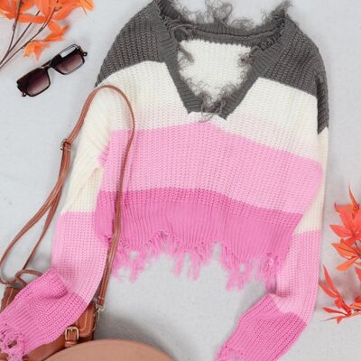 Suéter estampado con dobladillo deshilachado y borlas-Rosa malva