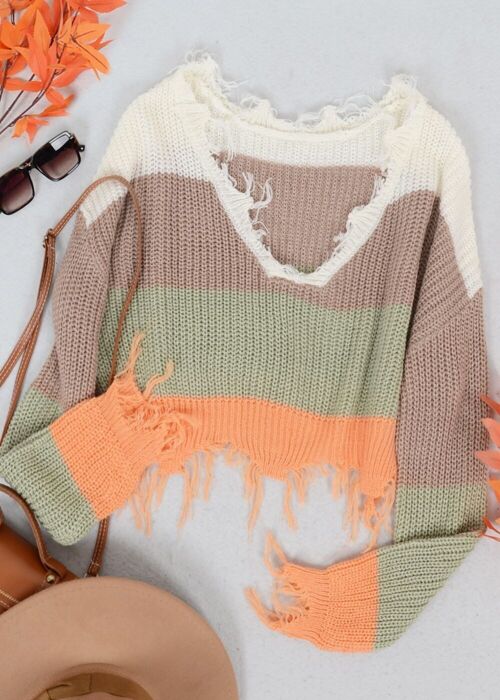 Tassel Frayed Hem Patterned Sweater-Orange