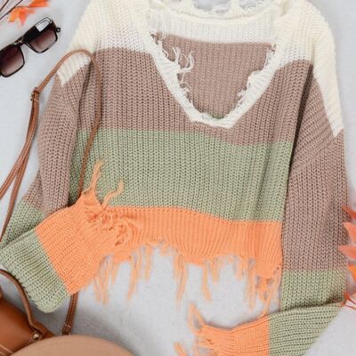Tassel Frayed Hem Patterned Sweater-Orange