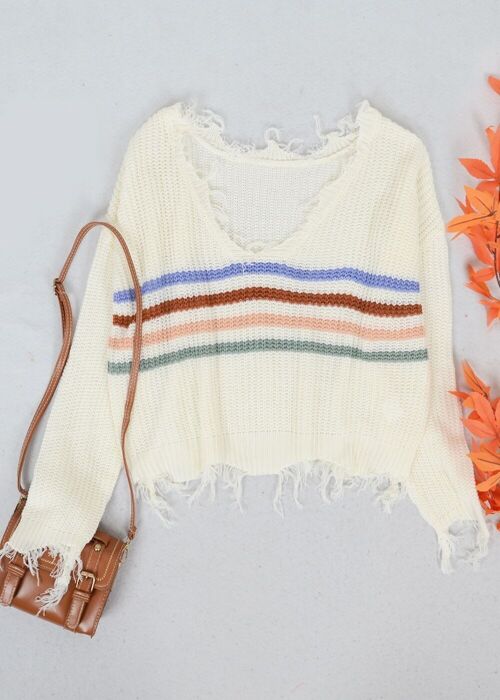 Tassel Frayed Hem Patterned Sweater-White