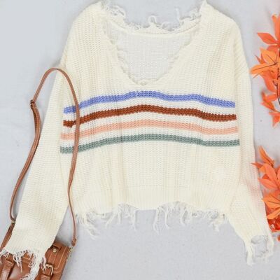 Tassel Frayed Hem Patterned Sweater-White