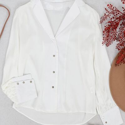 Notched Collar Button Down Silk Top-White