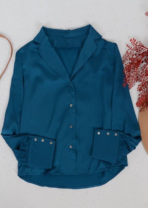 Notched Collar Button Down Silk Top-Teal